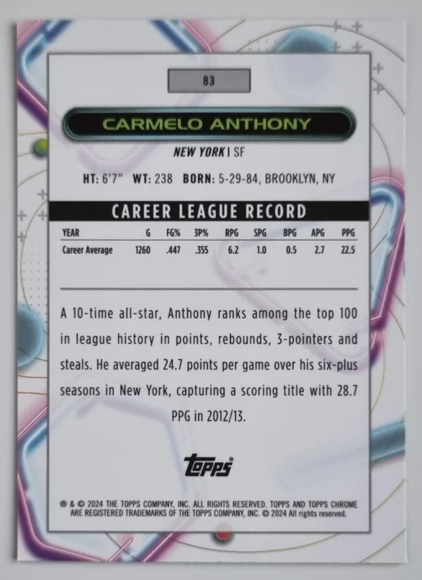2023-24 Topps Cosmic Chrome #83 Carmelo Anthony – Image 2
