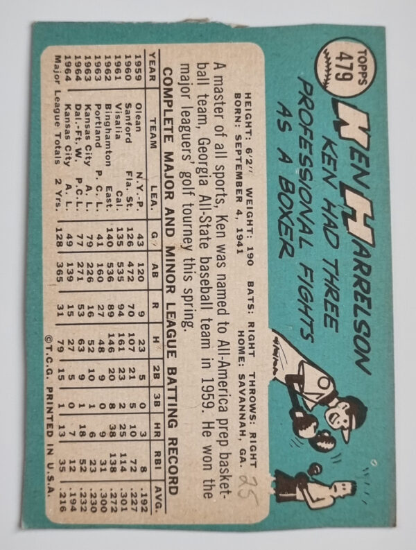 1965 Topps #479 Ken Harrelson – Image 2