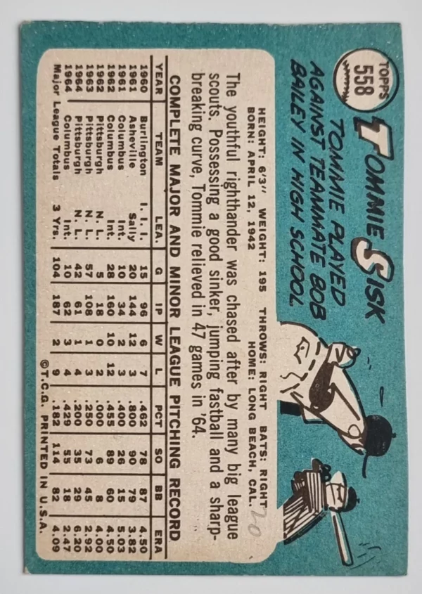 1965 Topps #558 Tommie Sisk – Image 2