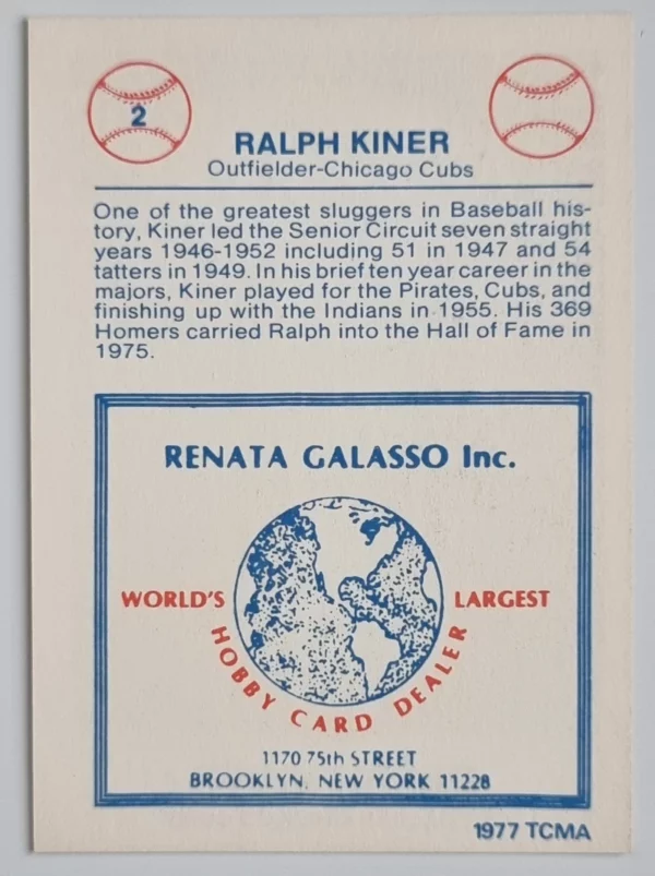 1977-84 Galasso Glossy Greats #2 Ralph Kiner – Image 2