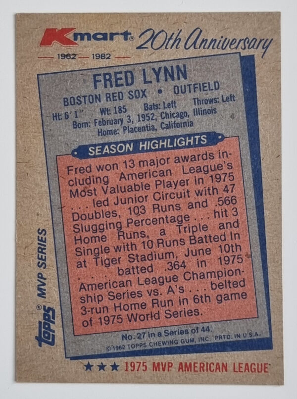 1982 K-Mart #27 Fred Lynn: 75AL – Image 2