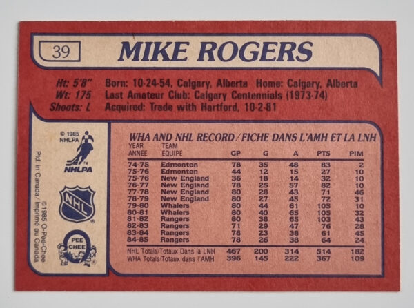 1985-86 O-Pee-Chee #39 Mike Rogers – Image 2