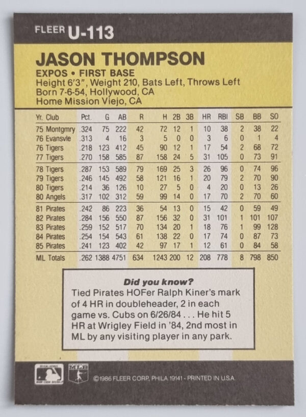 1986 Fleer Update #U113 Jason Thompson – Image 2