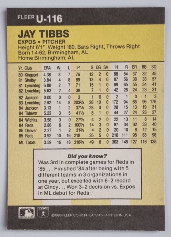 1986 Fleer Update #U116 Jay Tibbs – Image 2