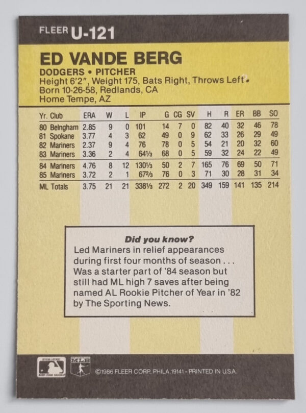 1986 Fleer Update #U121 Ed Vande Berg – Image 2