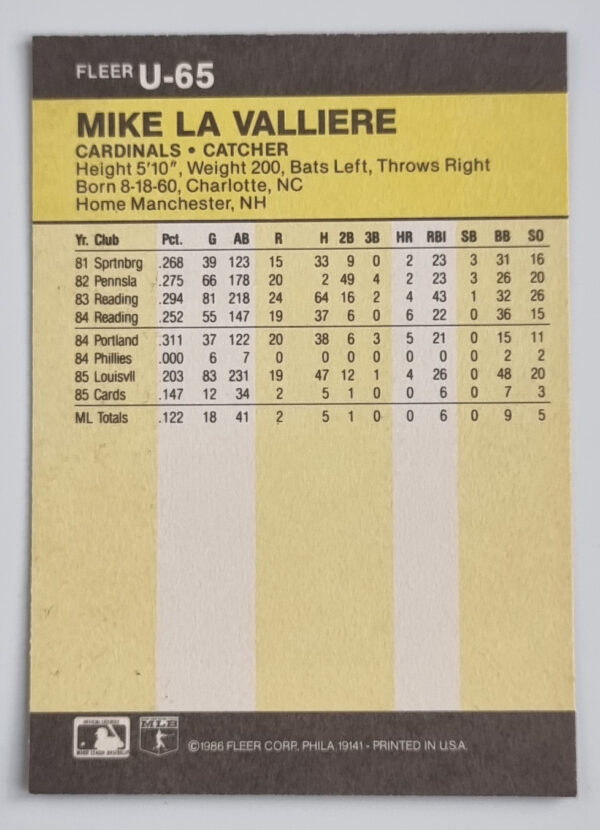 1986 Fleer Update #U65 Mike LaValliere XRC – Image 2