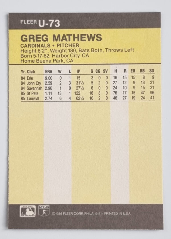 1986 Fleer Update #U73 Greg Mathews – Image 2