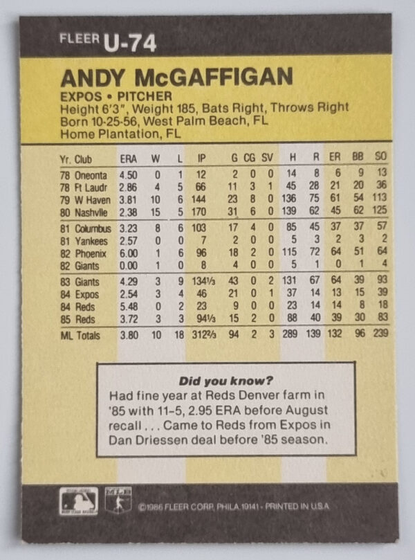 1986 Fleer Update #U74 Andy McGaffigan – Image 2