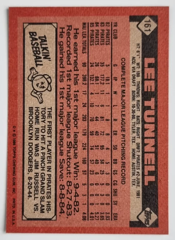 1986 Topps #161 Lee Tunnell – Image 2