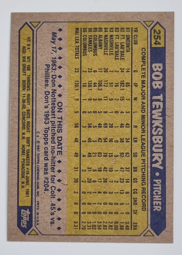 1987 Topps #254 Bob Tewksbury RC – Image 2
