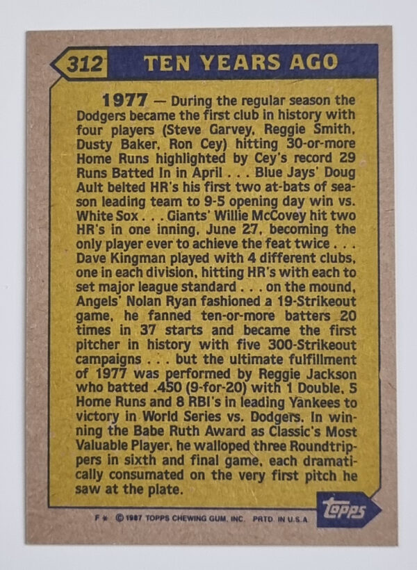 1987 Topps #312 Reggie Jackson TBC – Image 2