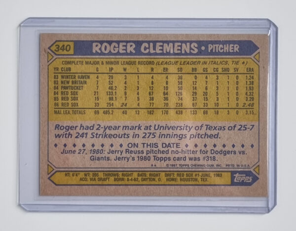 1987 Topps #340 Roger Clemens – Image 2