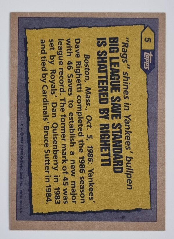 1987 Topps #5 Dave Righetti RB/Most saves& season – Image 2