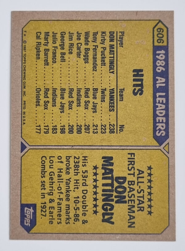 1987 Topps #606 Don Mattingly AS – Image 2