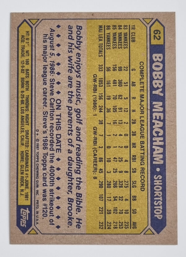 1987 Topps #62 Bobby Meacham – Image 2