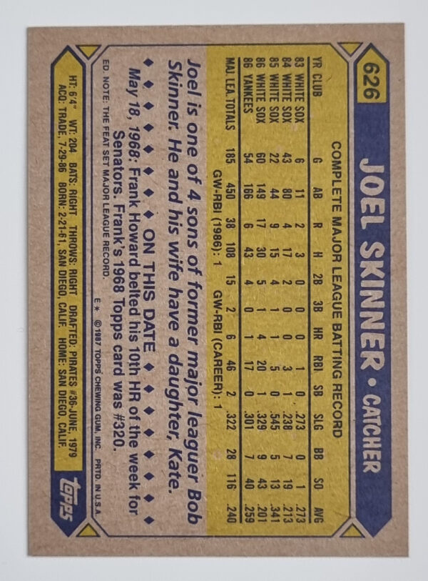 1987 Topps #626 Joel Skinner – Image 2