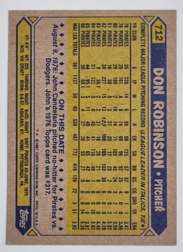 1987 Topps #712 Don Robinson – Image 2