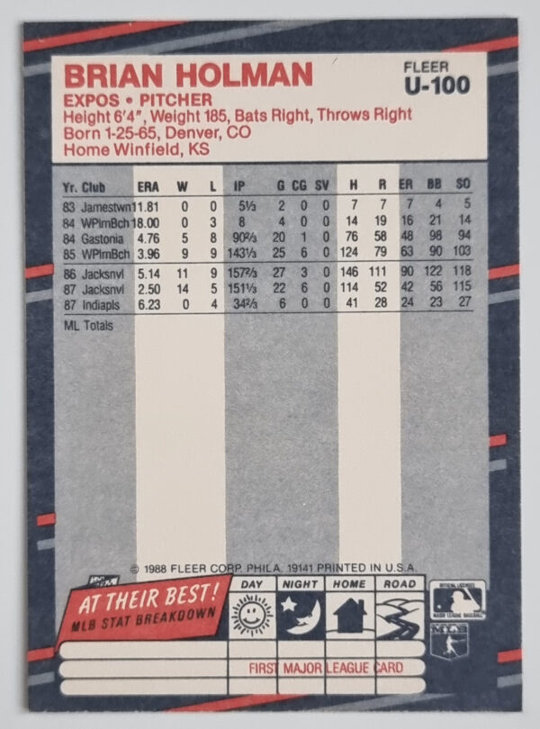 1988 Fleer Update #U100 Brian Holman XRC – Image 2