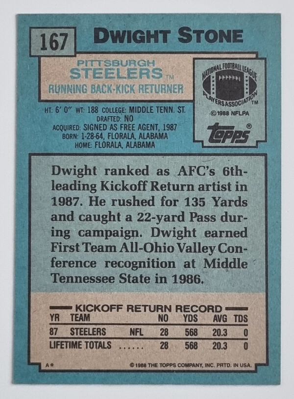 1988 Topps #167 Dwight Stone RC – Image 2