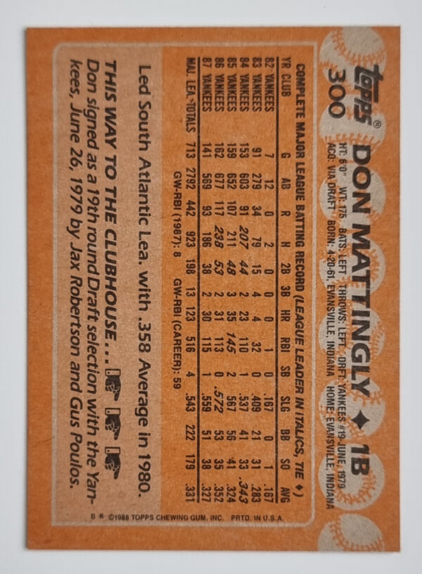 1988 Topps #300 Don Mattingly – Image 2