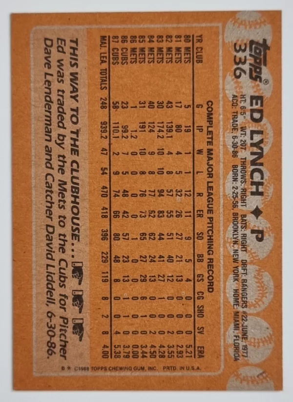 1988 Topps #336 Ed Lynch – Image 2