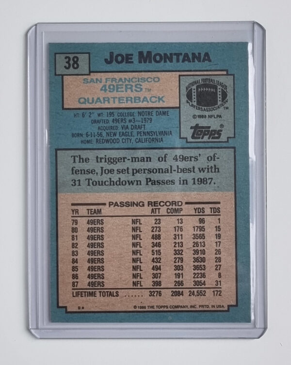 1988 Topps #38 Joe Montana – Image 2