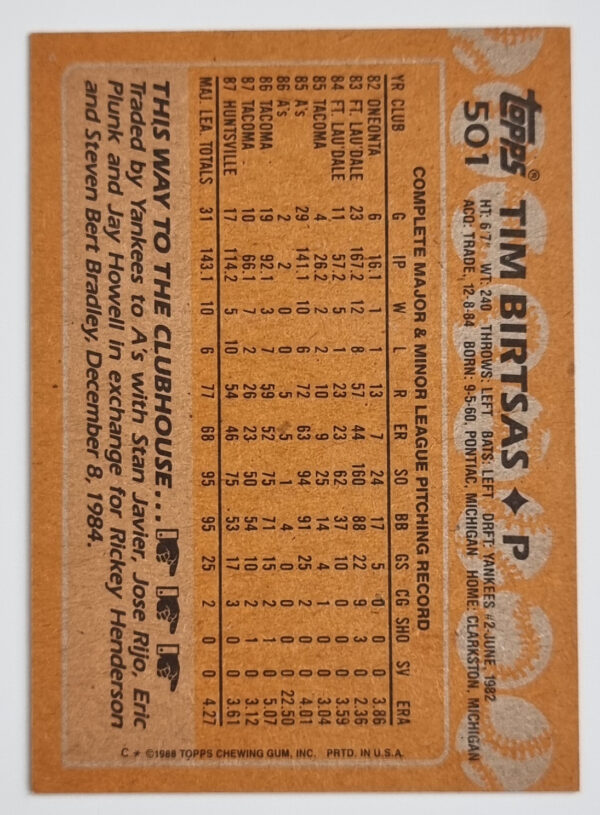 1988 Topps #501 Tim Birtsas – Image 2