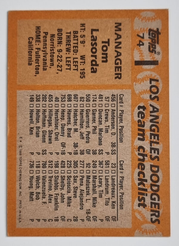 1988 Topps #74 Tom Lasorda MG – Image 2