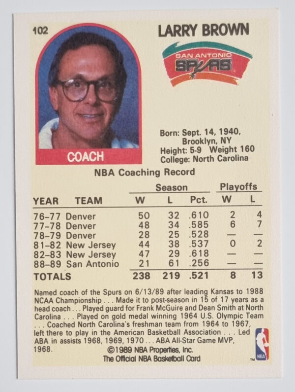 1989-90 Hoops #102 Larry Brown CO – Image 2