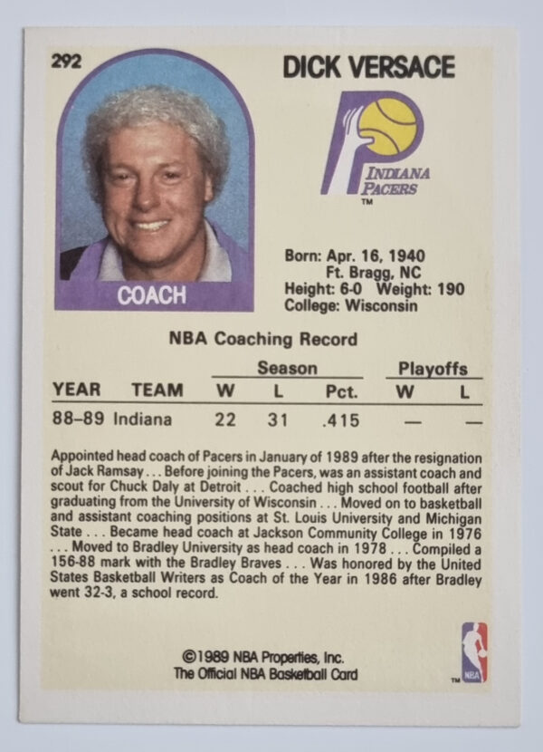 1989-90 Hoops #292 Dick Versace CO – Image 2