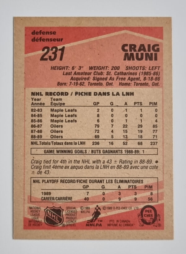 1989-90 O-Pee-Chee #231 Craig Muni – Image 2