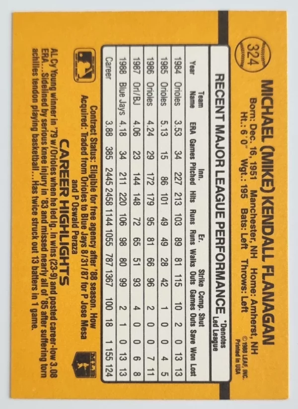 1989 Donruss #324 Mike Flanagan – Image 2