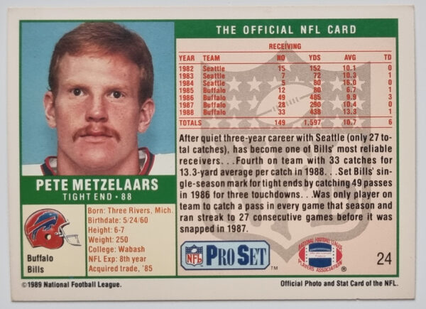 1989 Pro Set #24 Pete Metzelaars – Image 2