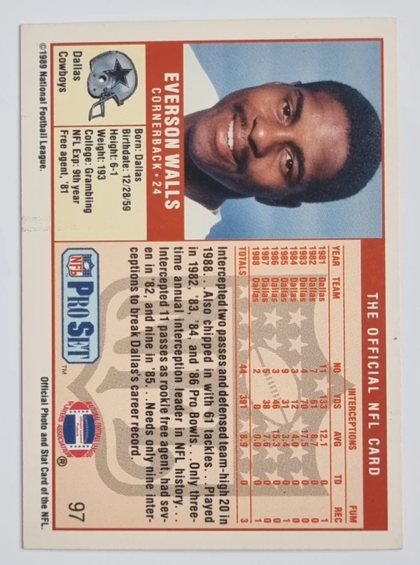 1989 Pro Set #97 Everson Walls – Image 2