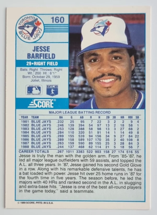 1989 Score #160 Jesse Barfield – Image 2
