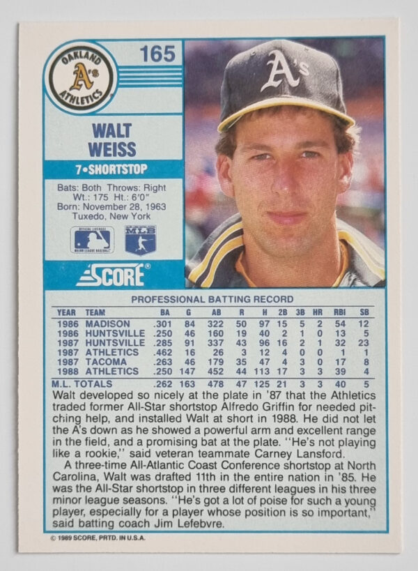 1989 Score #165 Walt Weiss – Image 2