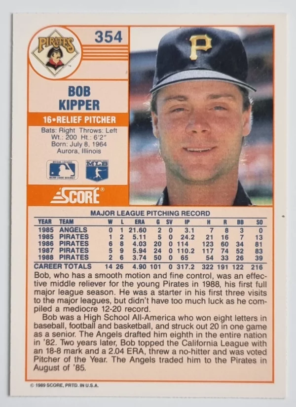 1989 Score #354 Bob Kipper – Image 2