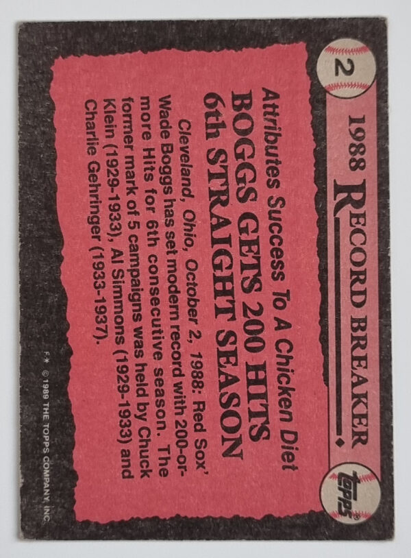 1989 Topps #2 Wade Boggs RB – Image 2