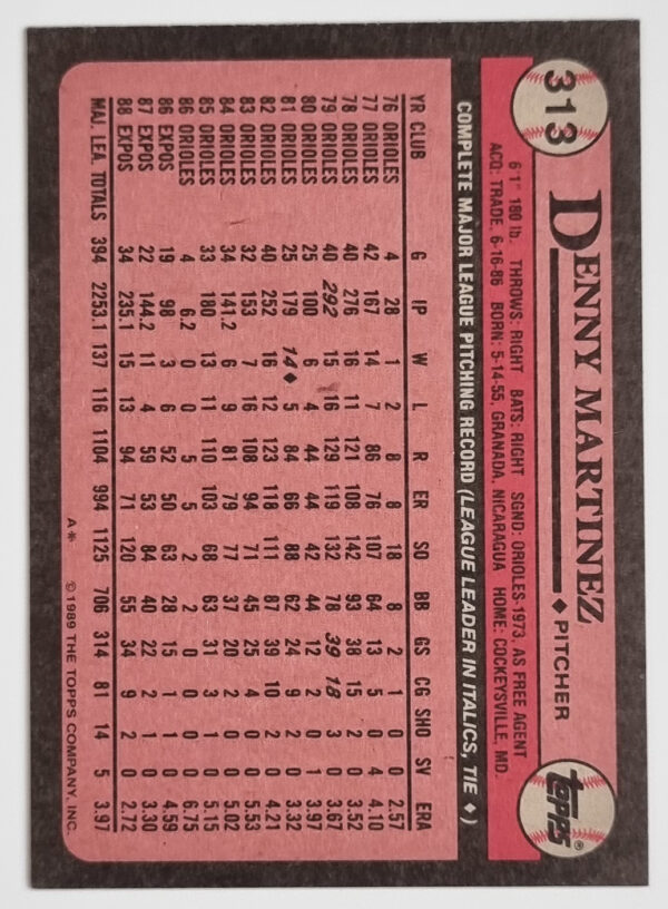 1989 Topps #313 Dennis Martinez – Image 2