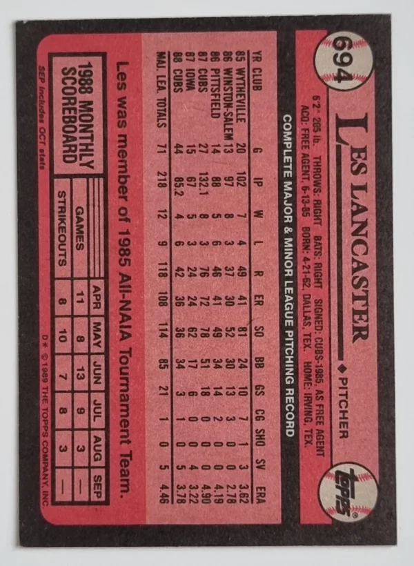 1989 Topps #694 Les Lancaster – Image 2