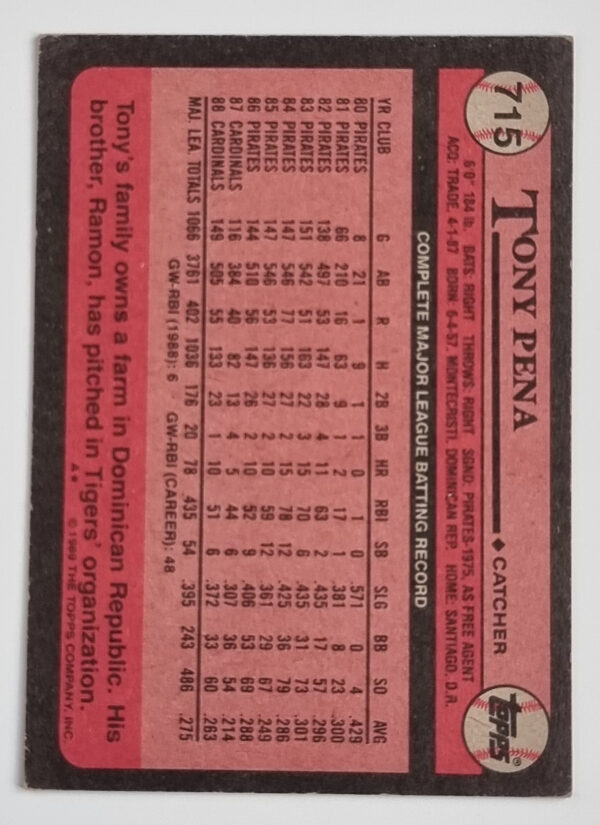 1989 Topps #715 Tony Pena – Image 2