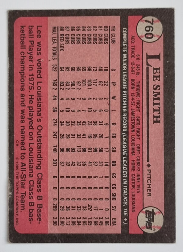 1989 Topps #760 Lee Smith – Image 2