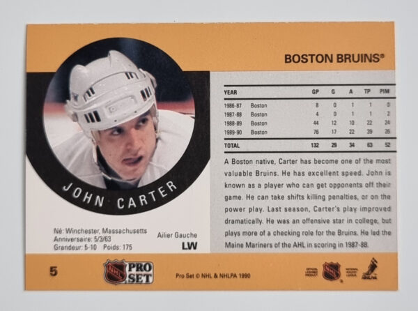 1990-91 Pro Set #5 John Carter RC – Image 2