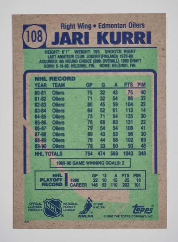 1990-91 Topps #108 Jari Kurri – Image 2