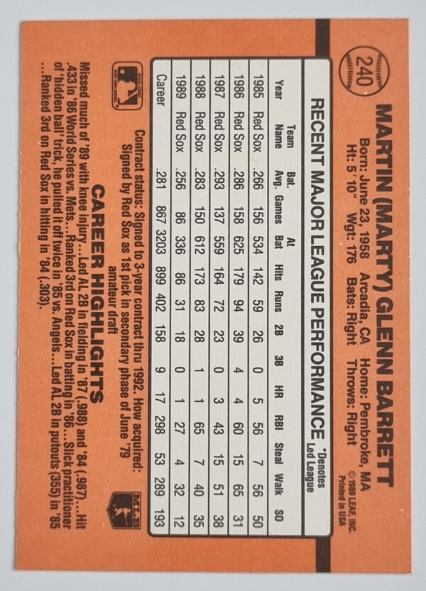 1990 Donruss #240 Marty Barrett – Image 2