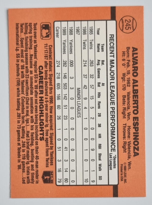 1990 Donruss #245 Alvaro Espinoza – Image 2