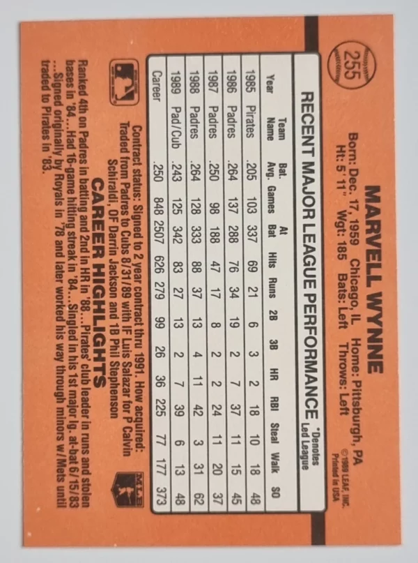 1990 Donruss #255 Marvell Wynne – Image 2