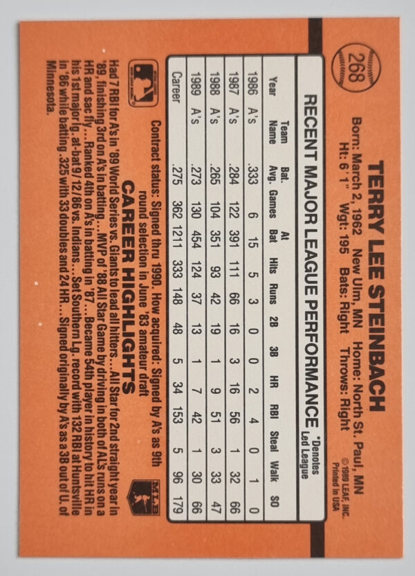 1990 Donruss #268 Terry Steinbach – Image 2