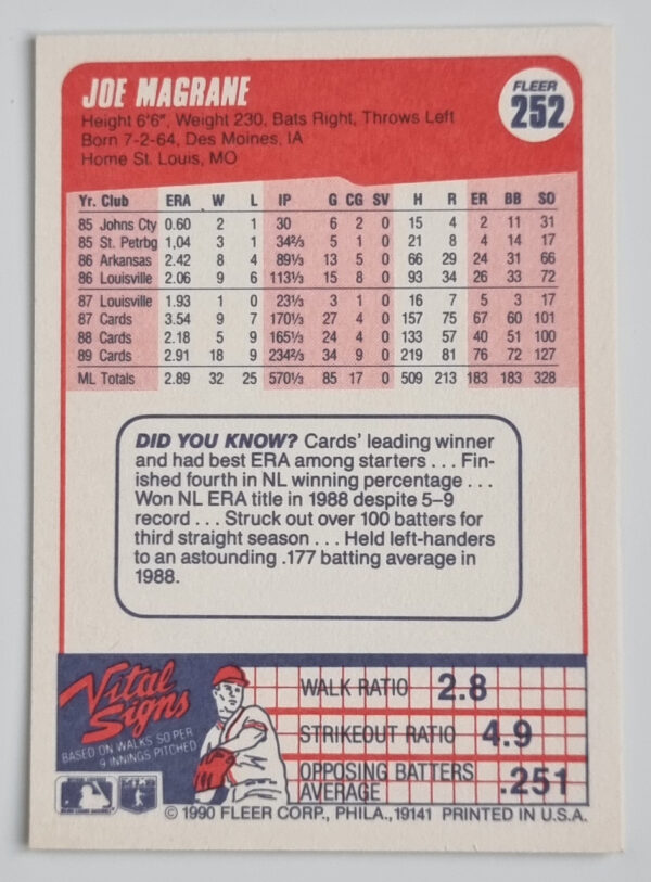 1990 Fleer #252 Joe Magrane – Image 2