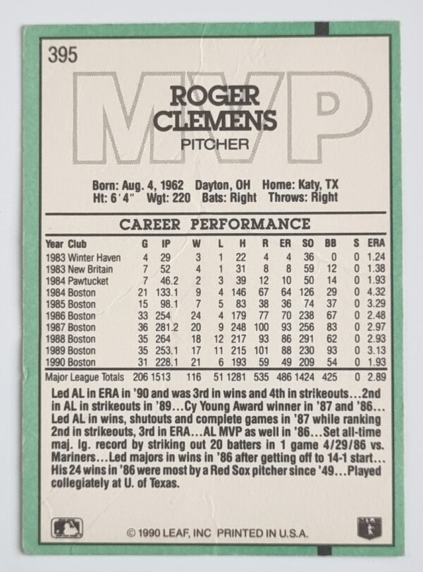 1991 Donruss #395 Roger Clemens MVP – Image 2